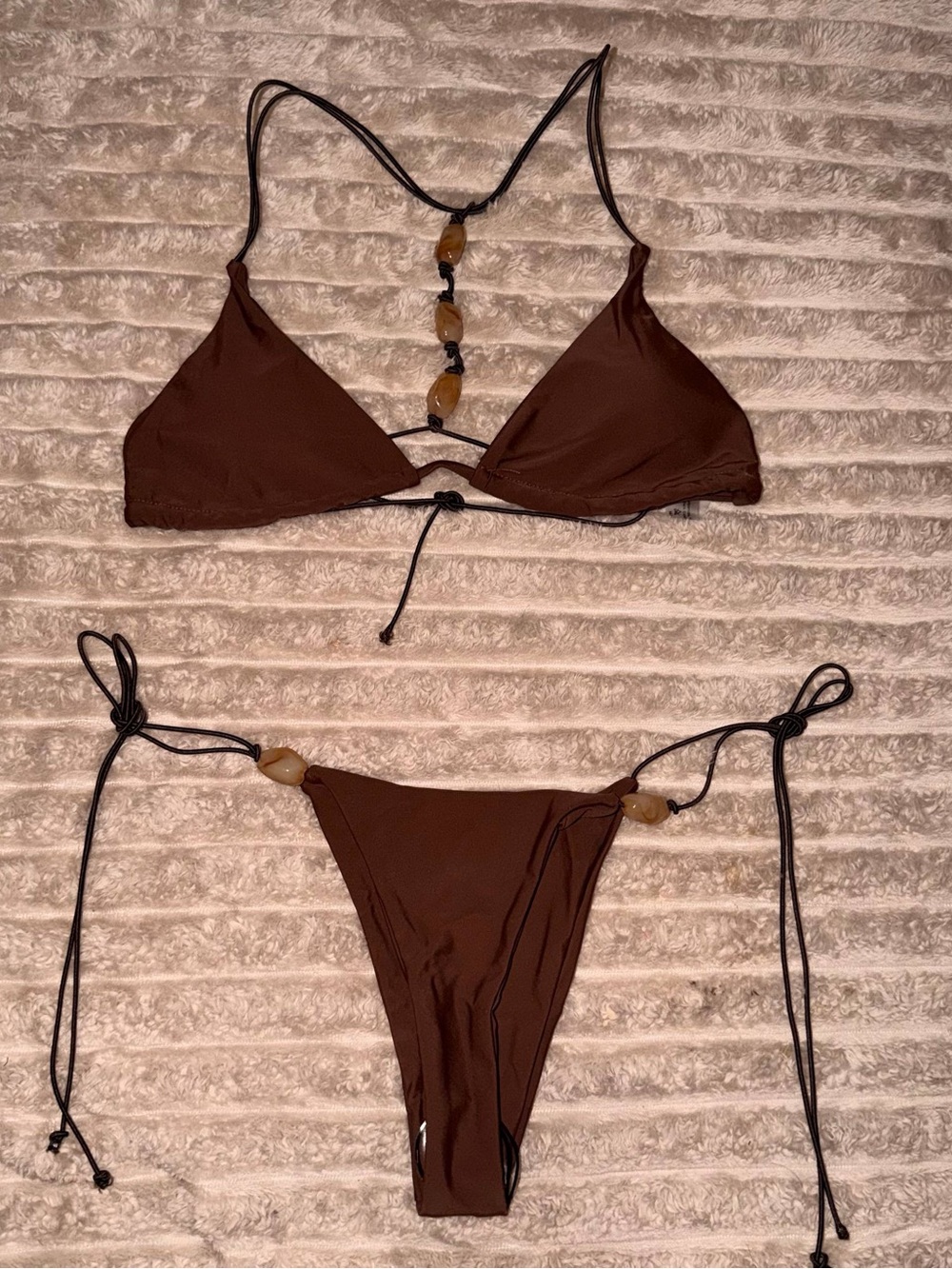 Brown Tie-Side Triangle Bikini Set with Bead Accents